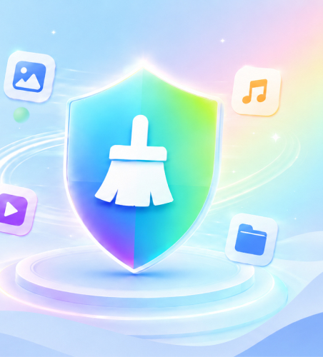A glowing blue and green cleaning shield surrounded by photo, music, and folder icons